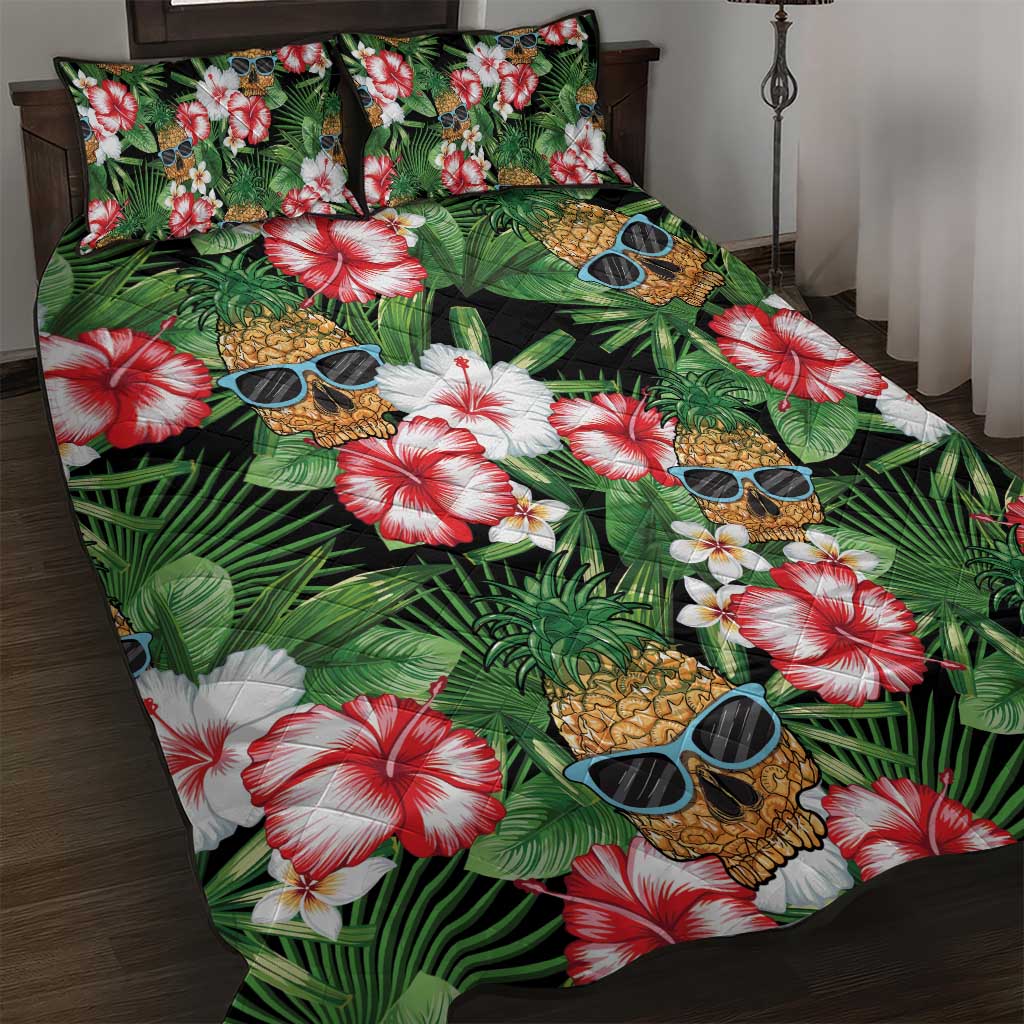 Pineapple Skull Aloha Hawaii Quilt Bed Set Summer Vibes Tropical Seamless Pattern LT14 Black - Polynesian Pride