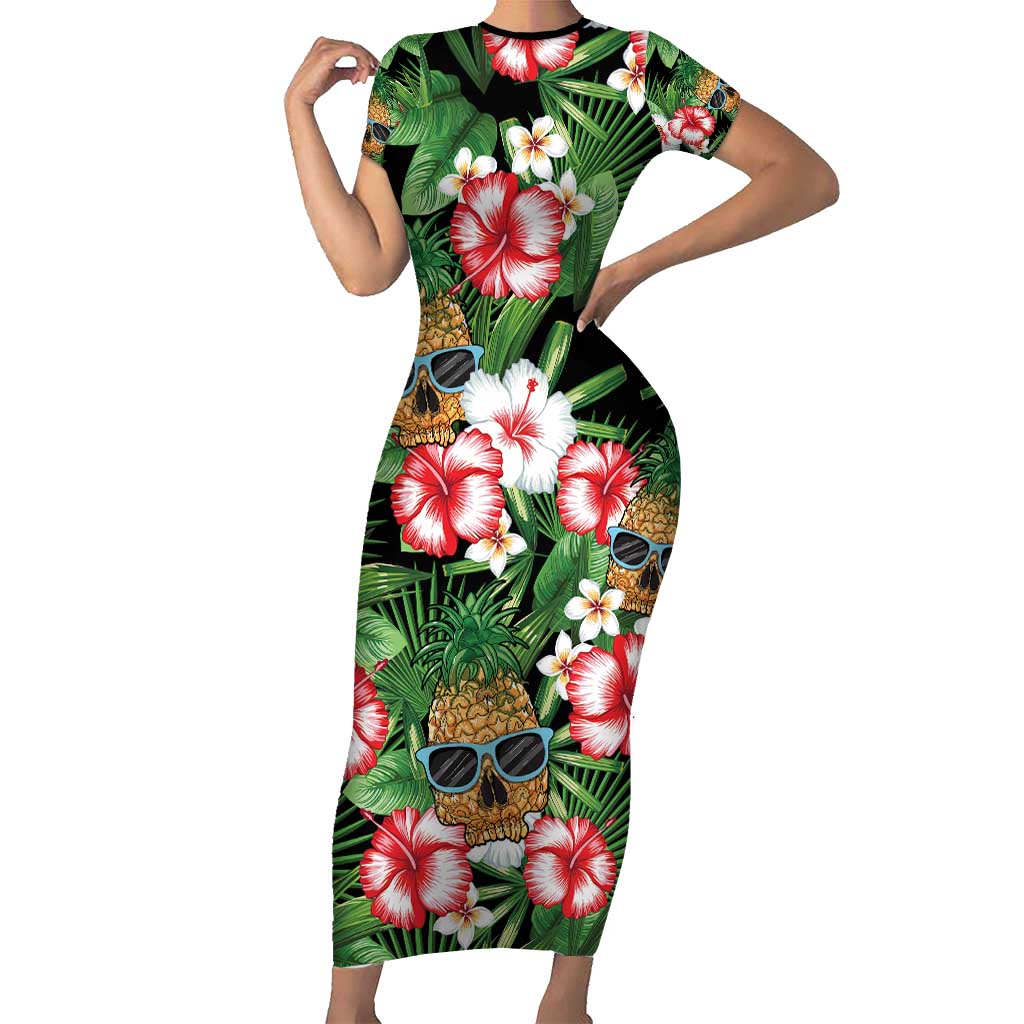 Pineapple Skull Aloha Hawaii Short Sleeve Bodycon Dress Summer Vibes Tropical Seamless Pattern LT14 Long Dress Black - Polynesian Pride