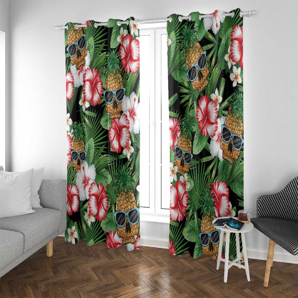Pineapple Skull Aloha Hawaii Window Curtain Summer Vibes Tropical Seamless Pattern LT14 With Grommets Black - Polynesian Pride