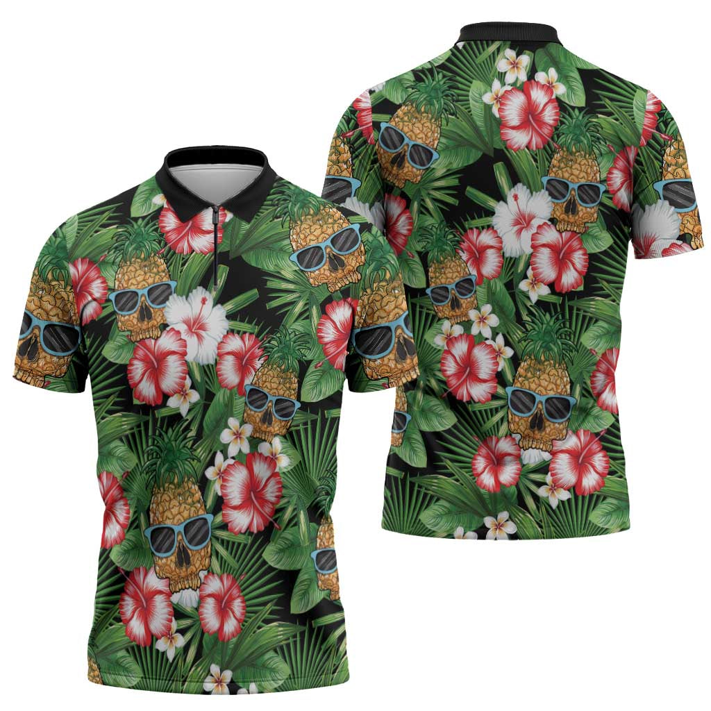 Pineapple Skull Aloha Hawaii Zipper Polo Shirt Summer Vibes Tropical Seamless Pattern LT14 - Polynesian Pride