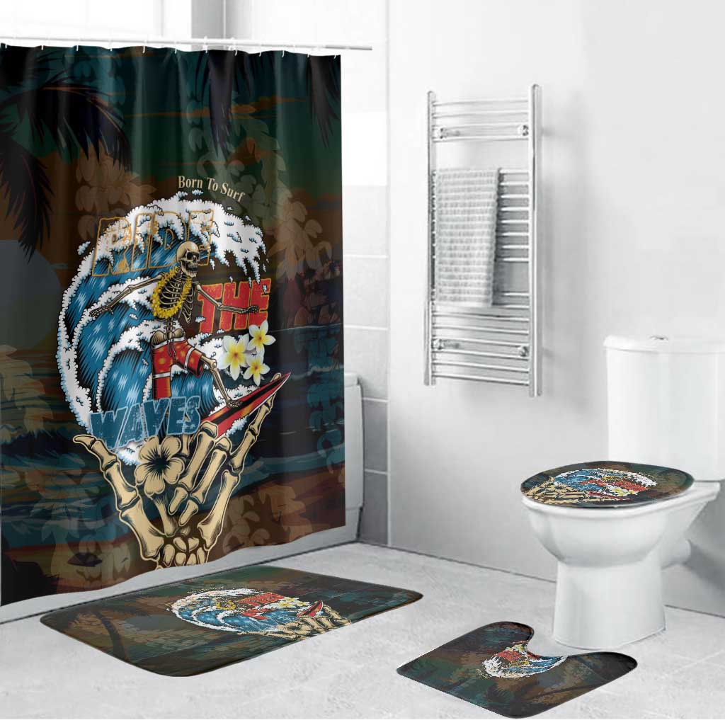 Aloha Hawaii Surfing Skull Bathroom Set Shaka Skeleton Ride The Waves LT14 Bathroom Set (4 pcs) Black - Polynesian Pride