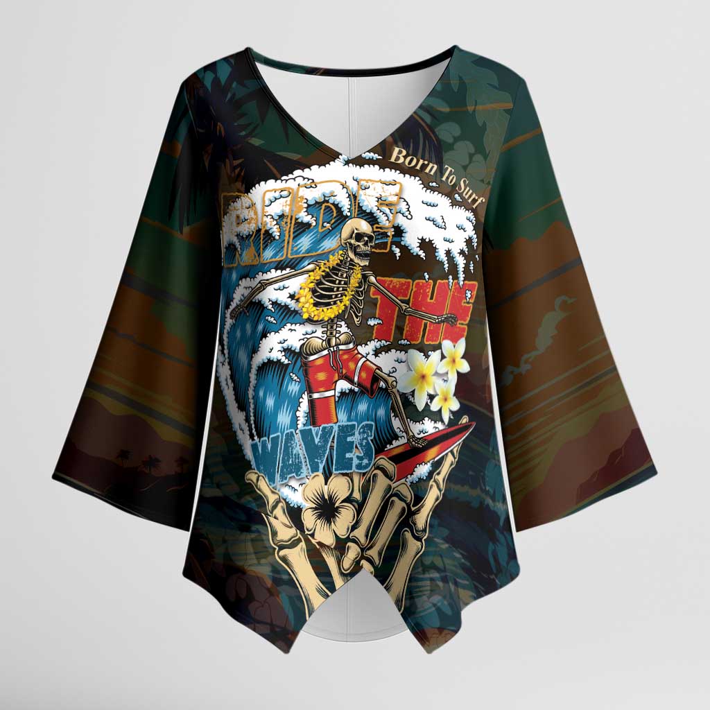 Aloha Hawaii Surfing Skull Kimono Sleeve Blouse Shaka Skeleton Ride The Waves LT14 Female Black - Polynesian Pride