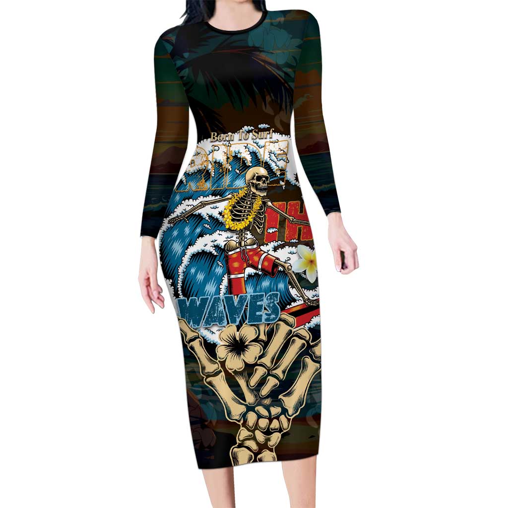 Aloha Hawaii Surfing Skull Long Sleeve Bodycon Dress Shaka Skeleton Ride The Waves LT14 Long Dress Black - Polynesian Pride