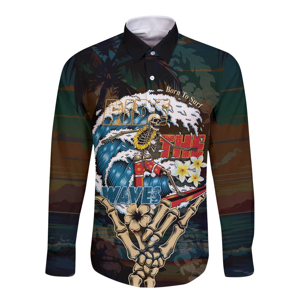 Aloha Hawaii Surfing Skull Long Sleeve Button Shirt Shaka Skeleton Ride The Waves LT14 Unisex Black - Polynesian Pride