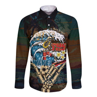 Aloha Hawaii Surfing Skull Long Sleeve Button Shirt Shaka Skeleton Ride The Waves LT14 Unisex Black - Polynesian Pride