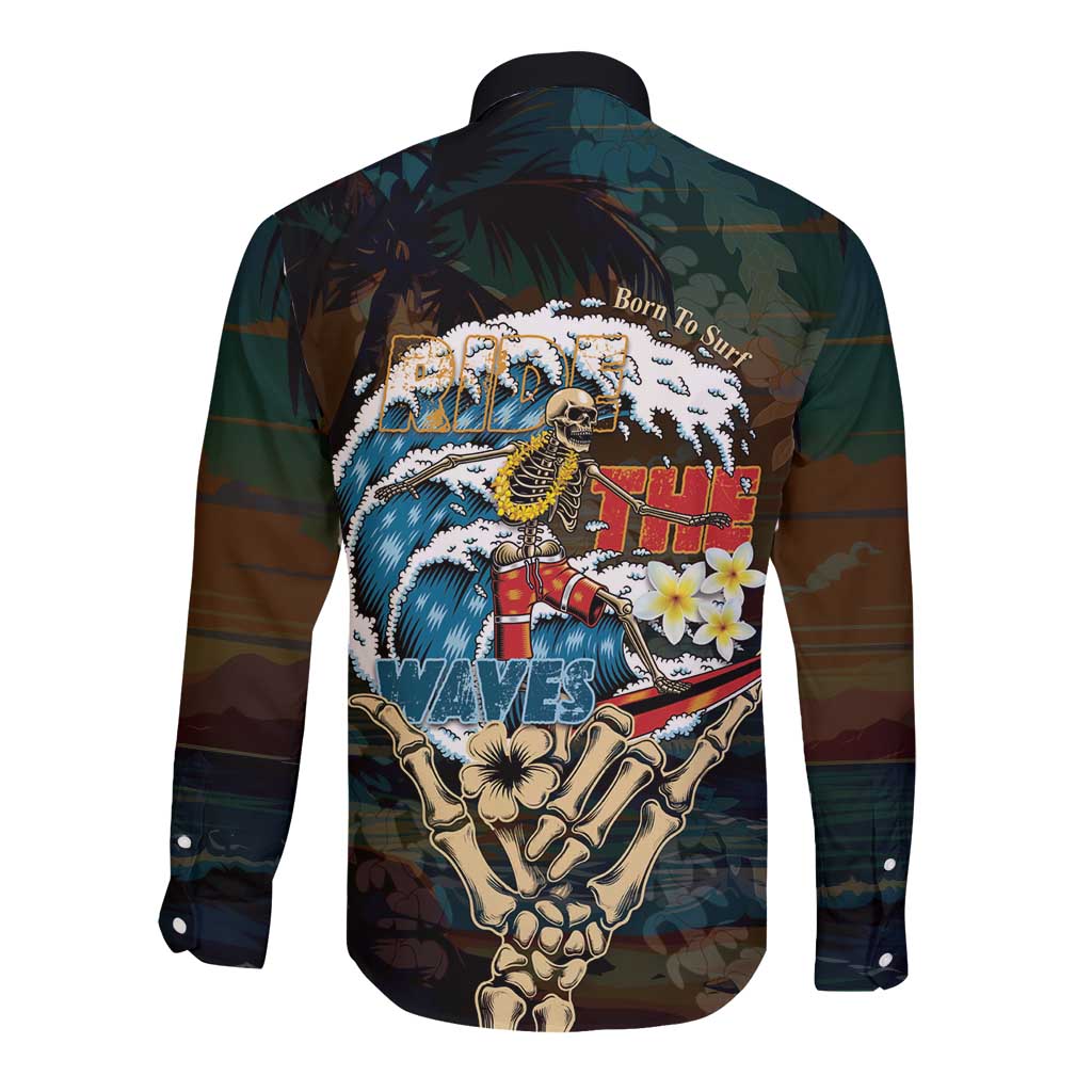 Aloha Hawaii Surfing Skull Long Sleeve Button Shirt Shaka Skeleton Ride The Waves LT14 - Polynesian Pride