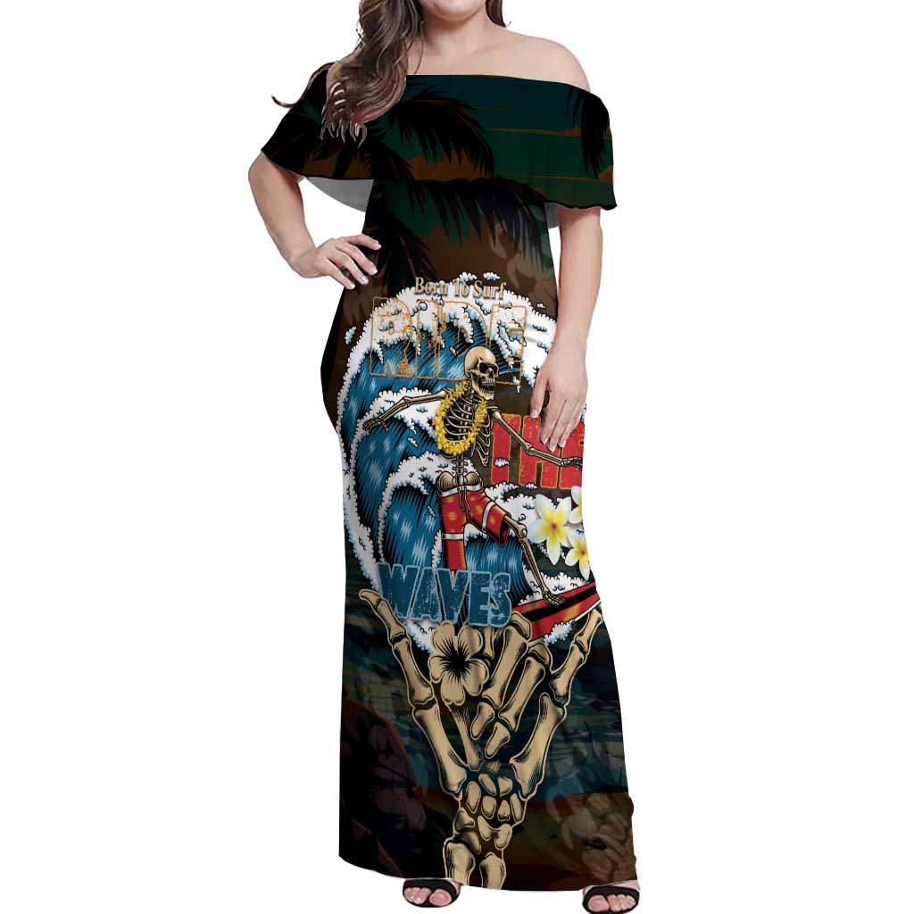 Aloha Hawaii Surfing Skull Off Shoulder Maxi Dress Shaka Skeleton Ride The Waves LT14 Women Black - Polynesian Pride