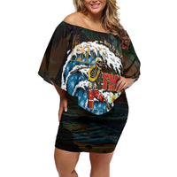 Aloha Hawaii Surfing Skull Off Shoulder Short Dress Shaka Skeleton Ride The Waves LT14 Women Black - Polynesian Pride