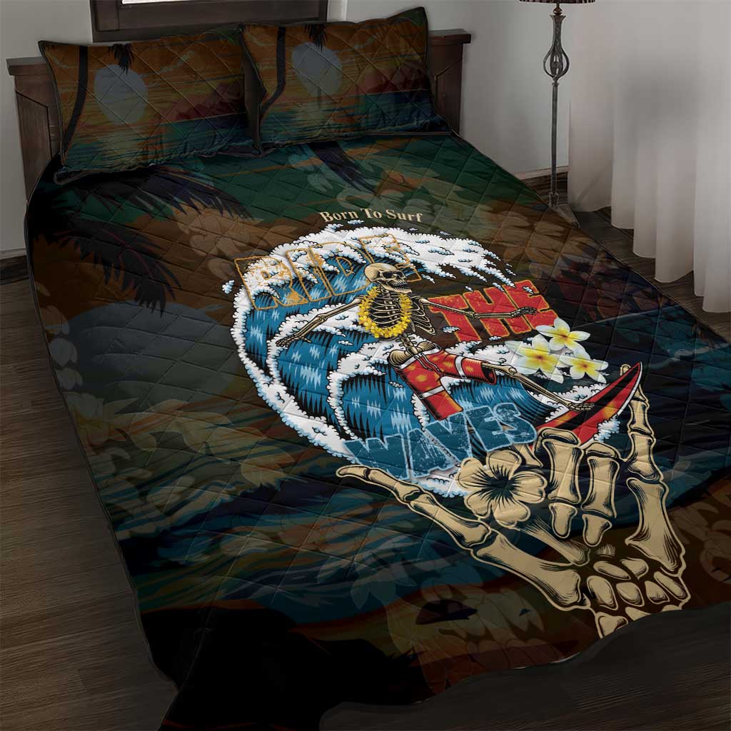 Aloha Hawaii Surfing Skull Quilt Bed Set Shaka Skeleton Ride The Waves LT14 Black - Polynesian Pride