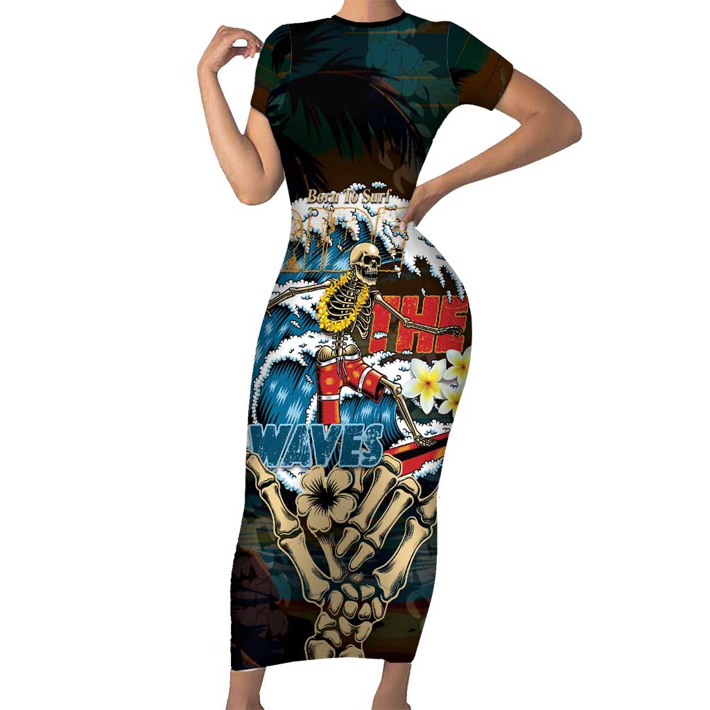 Aloha Hawaii Surfing Skull Short Sleeve Bodycon Dress Shaka Skeleton Ride The Waves LT14 Long Dress Black - Polynesian Pride