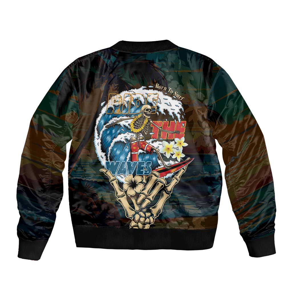 Aloha Hawaii Surfing Skull Sleeve Zip Bomber Jacket Shaka Skeleton Ride The Waves LT14 - Polynesian Pride