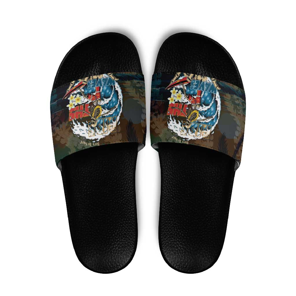 Aloha Hawaii Surfing Skull Slide Sandals Shaka Skeleton Ride The Waves LT14 Black - Polynesian Pride