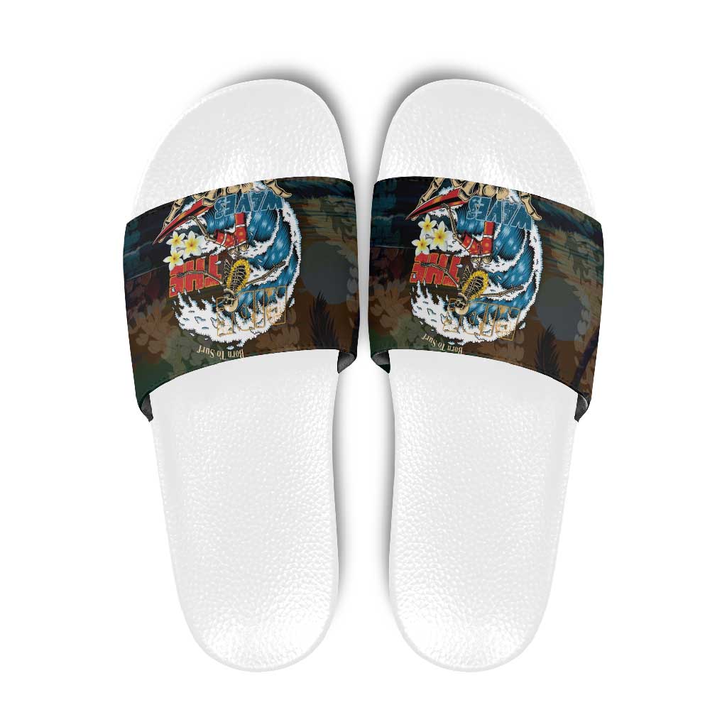 Aloha Hawaii Surfing Skull Slide Sandals Shaka Skeleton Ride The Waves LT14 Black - Polynesian Pride