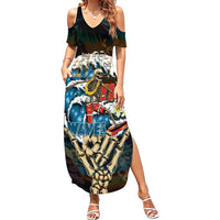 Aloha Hawaii Surfing Skull Summer Maxi Dress Shaka Skeleton Ride The Waves LT14 Women Black - Polynesian Pride
