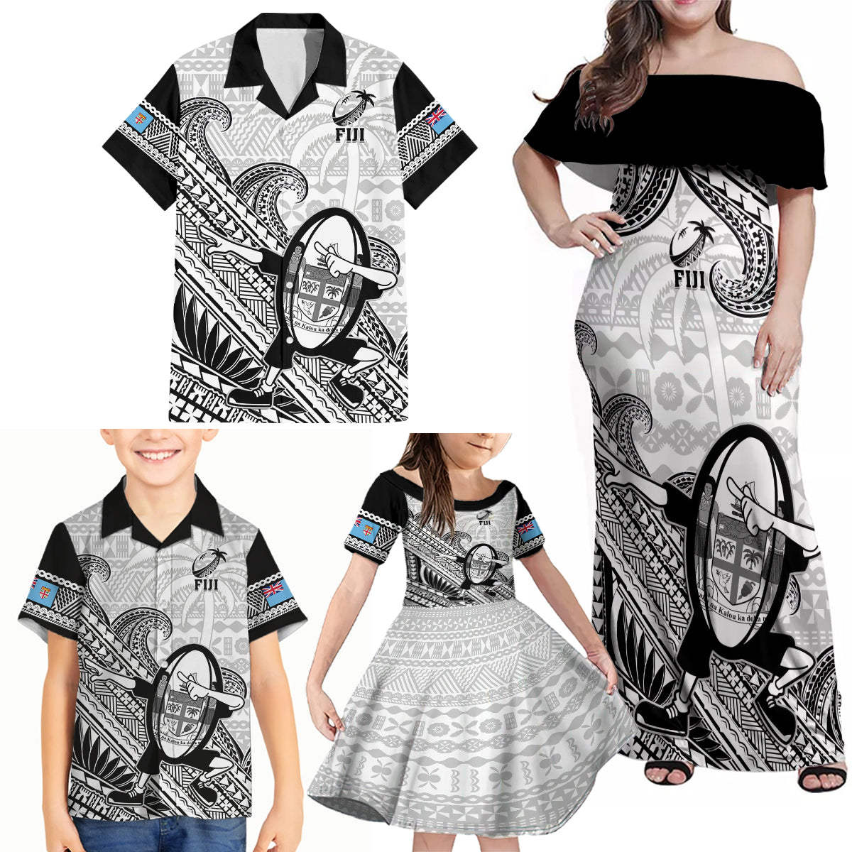 Fiji Tapa Rugby Family Matching Off Shoulder Maxi Dress and Hawaiian Shirt Flying Fijian 2023 World Cup With Dabbing Ball LT14 - Polynesian Pride