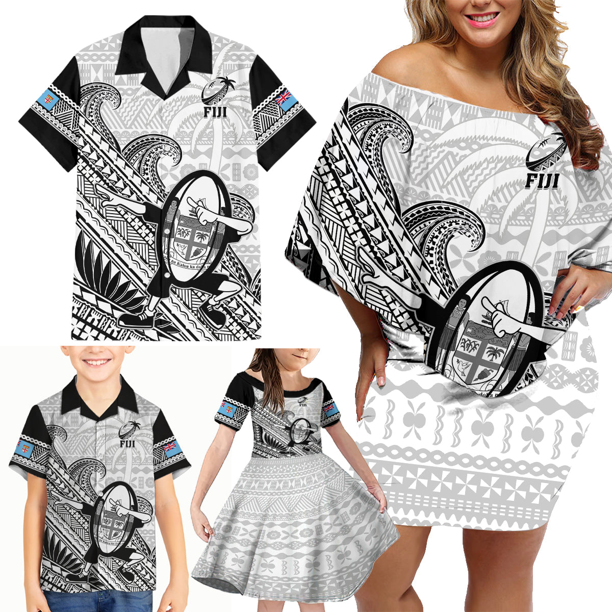 Fiji Tapa Rugby Family Matching Off Shoulder Short Dress and Hawaiian Shirt Flying Fijian 2023 World Cup With Dabbing Ball LT14 - Polynesian Pride