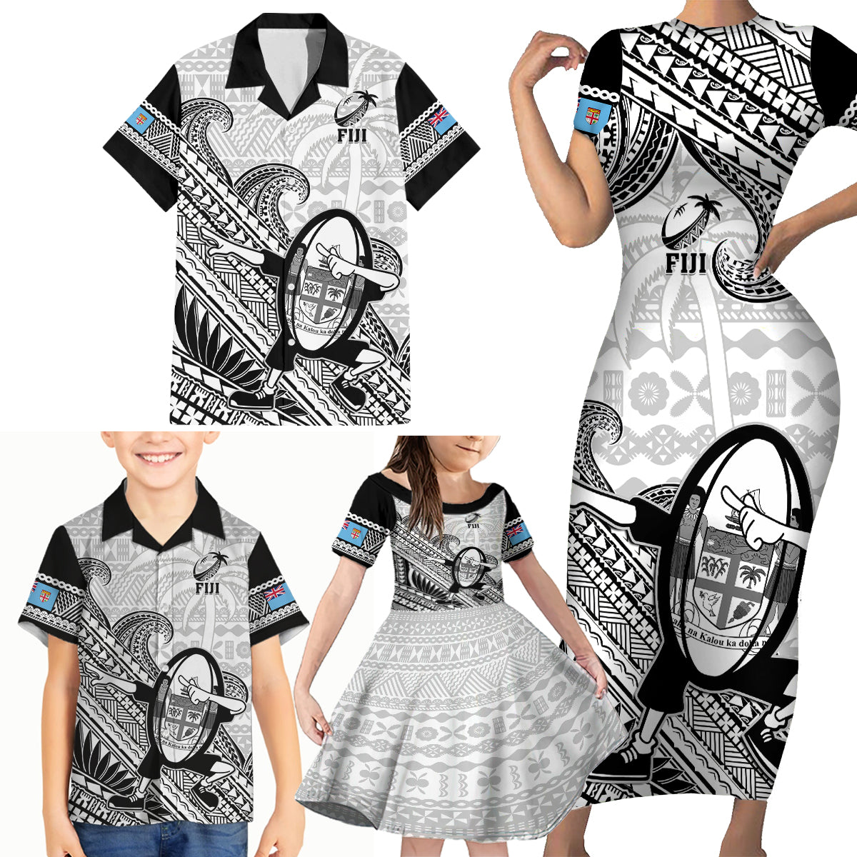 Fiji Tapa Rugby Family Matching Short Sleeve Bodycon Dress and Hawaiian Shirt Flying Fijian 2023 World Cup With Dabbing Ball LT14 - Polynesian Pride