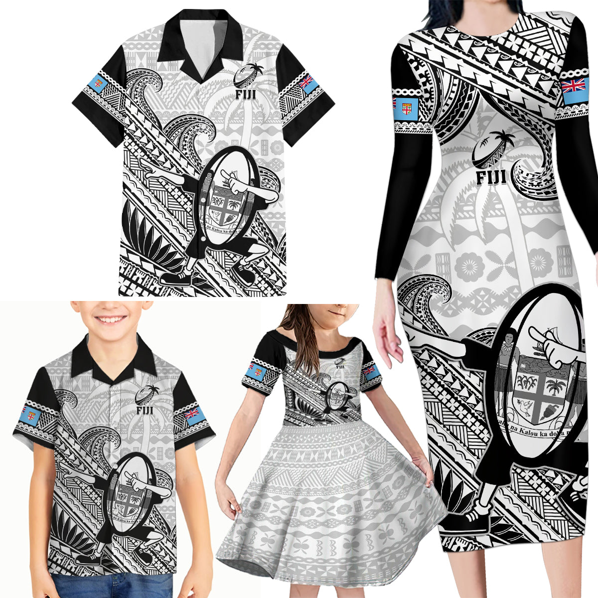 Custom Fiji Tapa Rugby Family Matching Long Sleeve Bodycon Dress and Hawaiian Shirt Flying Fijian 2023 World Cup With Dabbing Ball LT14 - Polynesian Pride