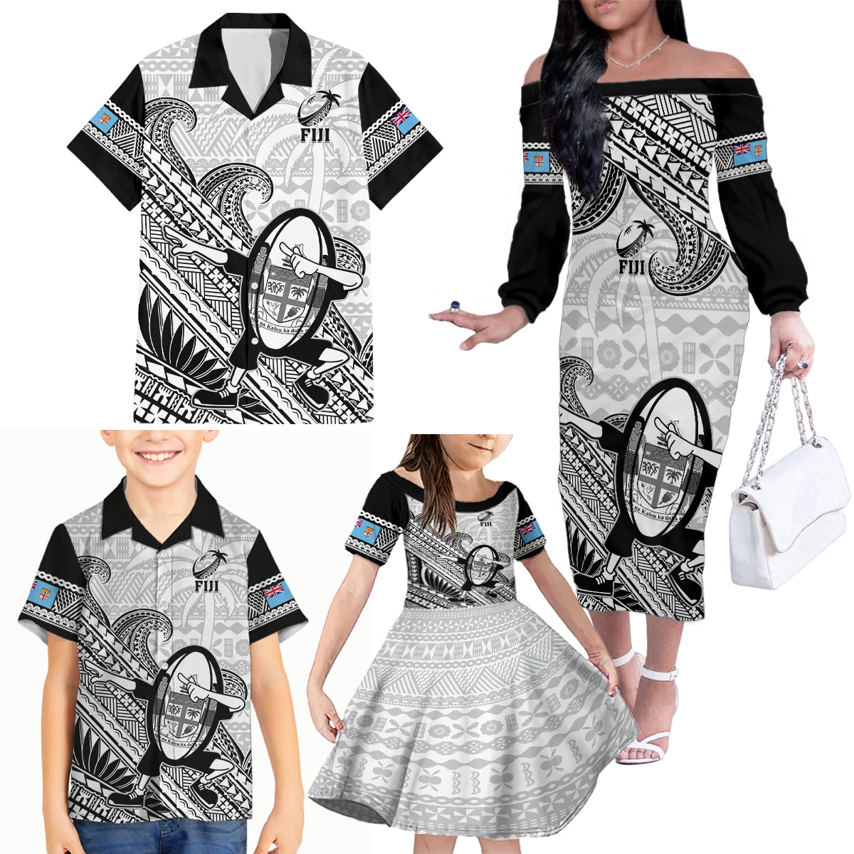 Custom Fiji Tapa Rugby Family Matching Off Shoulder Long Sleeve Dress and Hawaiian Shirt Flying Fijian 2023 World Cup With Dabbing Ball LT14 - Polynesian Pride