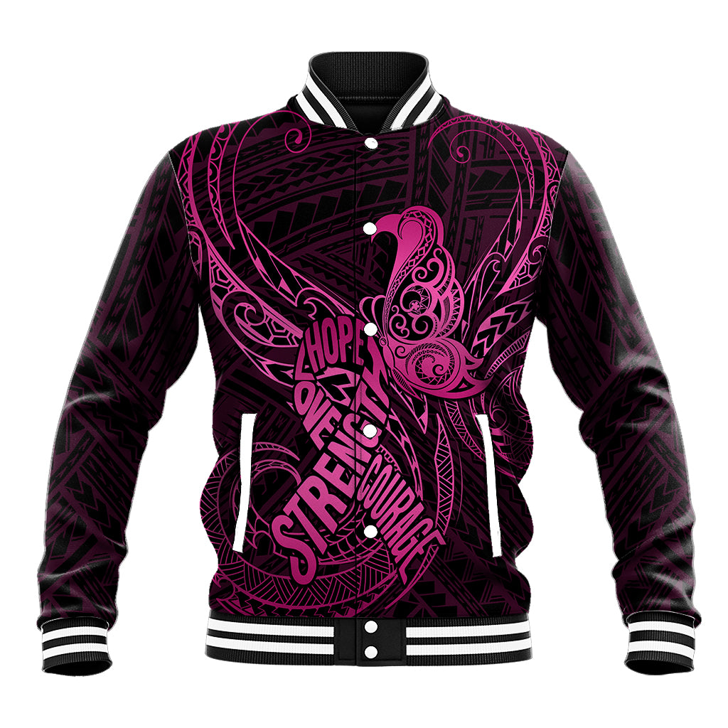 Polynesia Breast Cancer Awareness Baseball Jacket No One Fights Alone Pink Ribbon With Butterfly LT14 Unisex Pink - Polynesian Pride