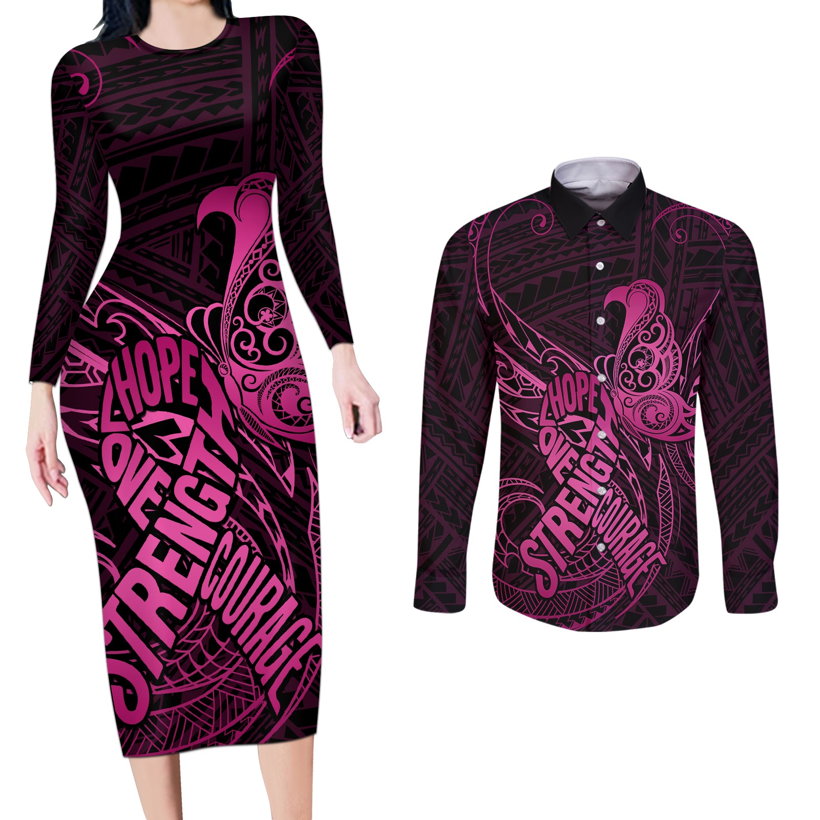 Polynesia Breast Cancer Awareness Couples Matching Long Sleeve Bodycon Dress and Long Sleeve Button Shirts No One Fights Alone Pink Ribbon With Butterfly LT14 Pink - Polynesian Pride