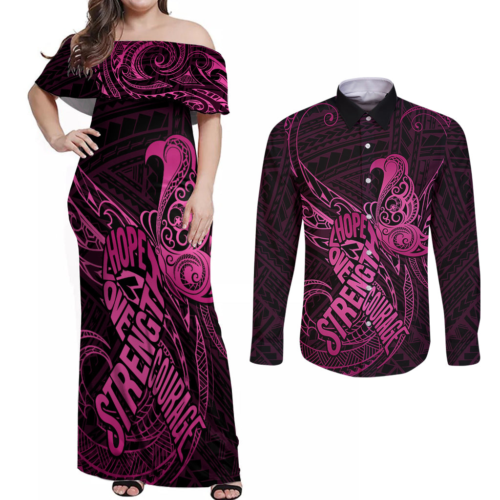 Polynesia Breast Cancer Awareness Couples Matching Off Shoulder Maxi Dress and Long Sleeve Button Shirts No One Fights Alone Pink Ribbon With Butterfly LT14 Pink - Polynesian Pride