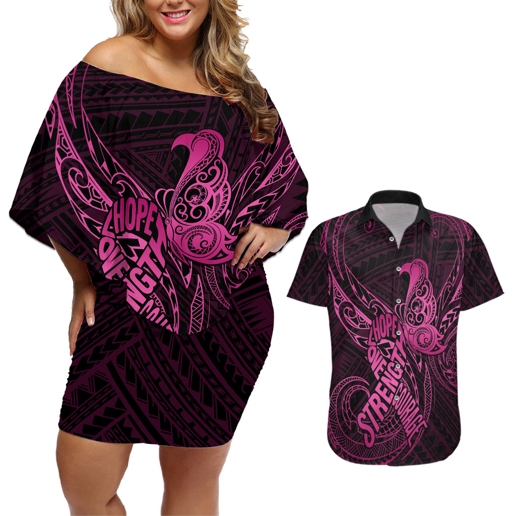 Polynesia Breast Cancer Awareness Couples Matching Off Shoulder Short Dress and Hawaiian Shirt No One Fights Alone Pink Ribbon With Butterfly LT14 Pink - Polynesian Pride