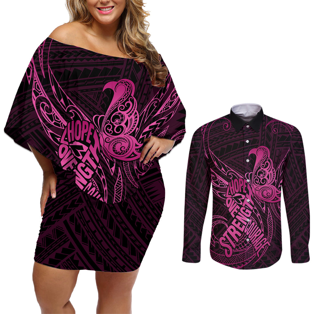 Polynesia Breast Cancer Awareness Couples Matching Off Shoulder Short Dress and Long Sleeve Button Shirts No One Fights Alone Pink Ribbon With Butterfly LT14 Pink - Polynesian Pride