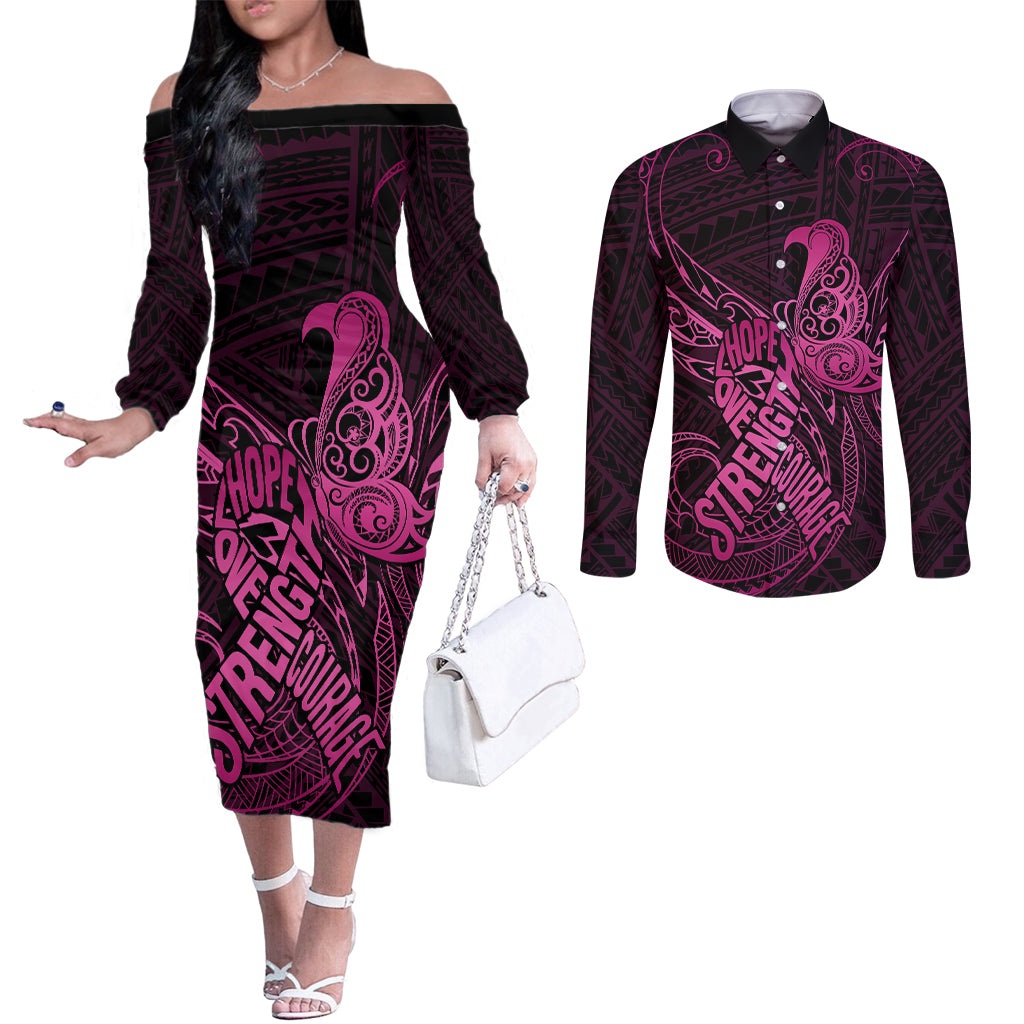 Polynesia Breast Cancer Awareness Couples Matching Off The Shoulder Long Sleeve Dress and Long Sleeve Button Shirts No One Fights Alone Pink Ribbon With Butterfly LT14 Pink - Polynesian Pride