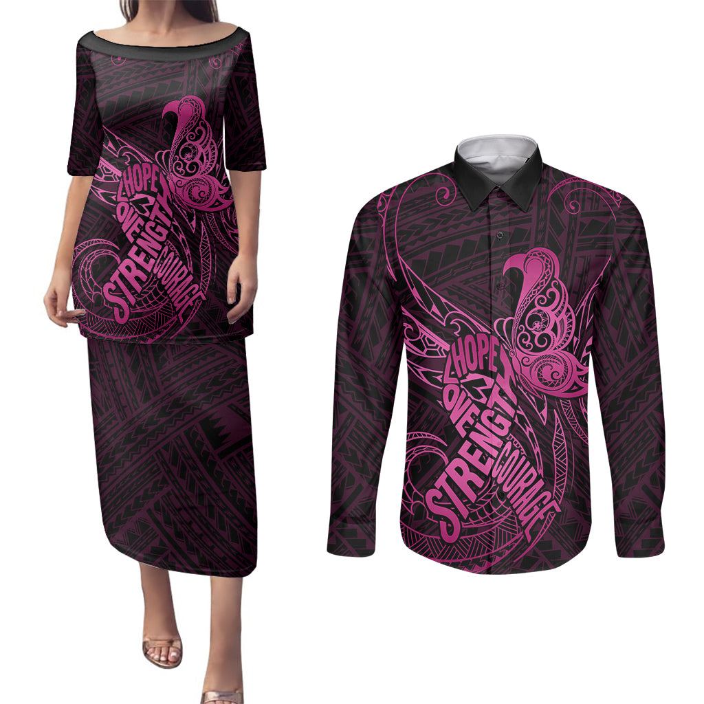 Polynesia Breast Cancer Awareness Couples Matching Puletasi Dress and Long Sleeve Button Shirts No One Fights Alone Pink Ribbon With Butterfly LT14 Pink - Polynesian Pride