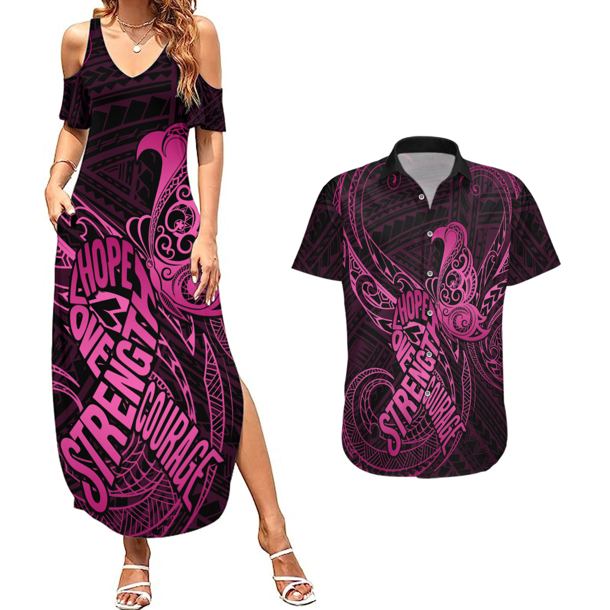 Polynesia Breast Cancer Awareness Couples Matching Summer Maxi Dress and Hawaiian Shirt No One Fights Alone Pink Ribbon With Butterfly LT14 Pink - Polynesian Pride