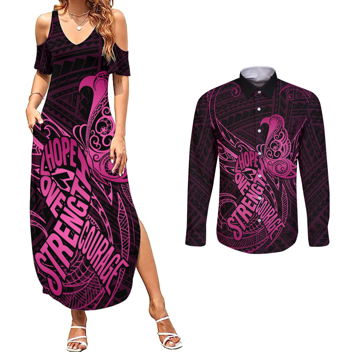 Polynesia Breast Cancer Awareness Couples Matching Summer Maxi Dress and Long Sleeve Button Shirts No One Fights Alone Pink Ribbon With Butterfly LT14 Pink - Polynesian Pride