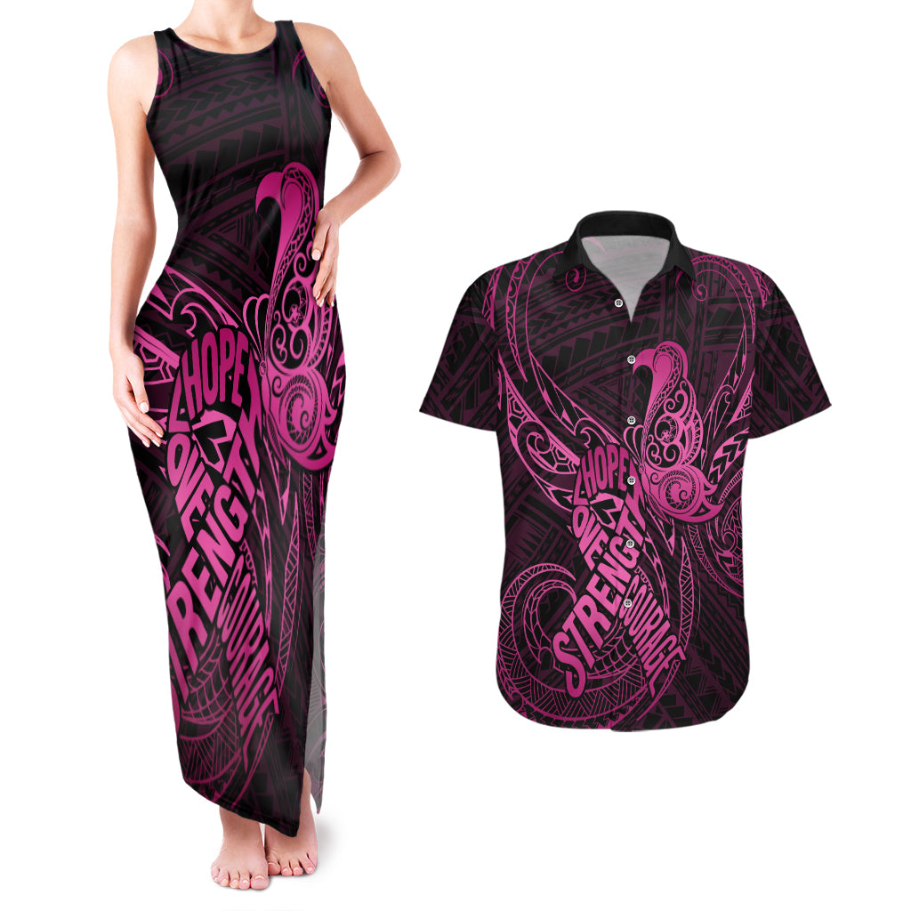 Polynesia Breast Cancer Awareness Couples Matching Tank Maxi Dress and Hawaiian Shirt No One Fights Alone Pink Ribbon With Butterfly LT14 Pink - Polynesian Pride