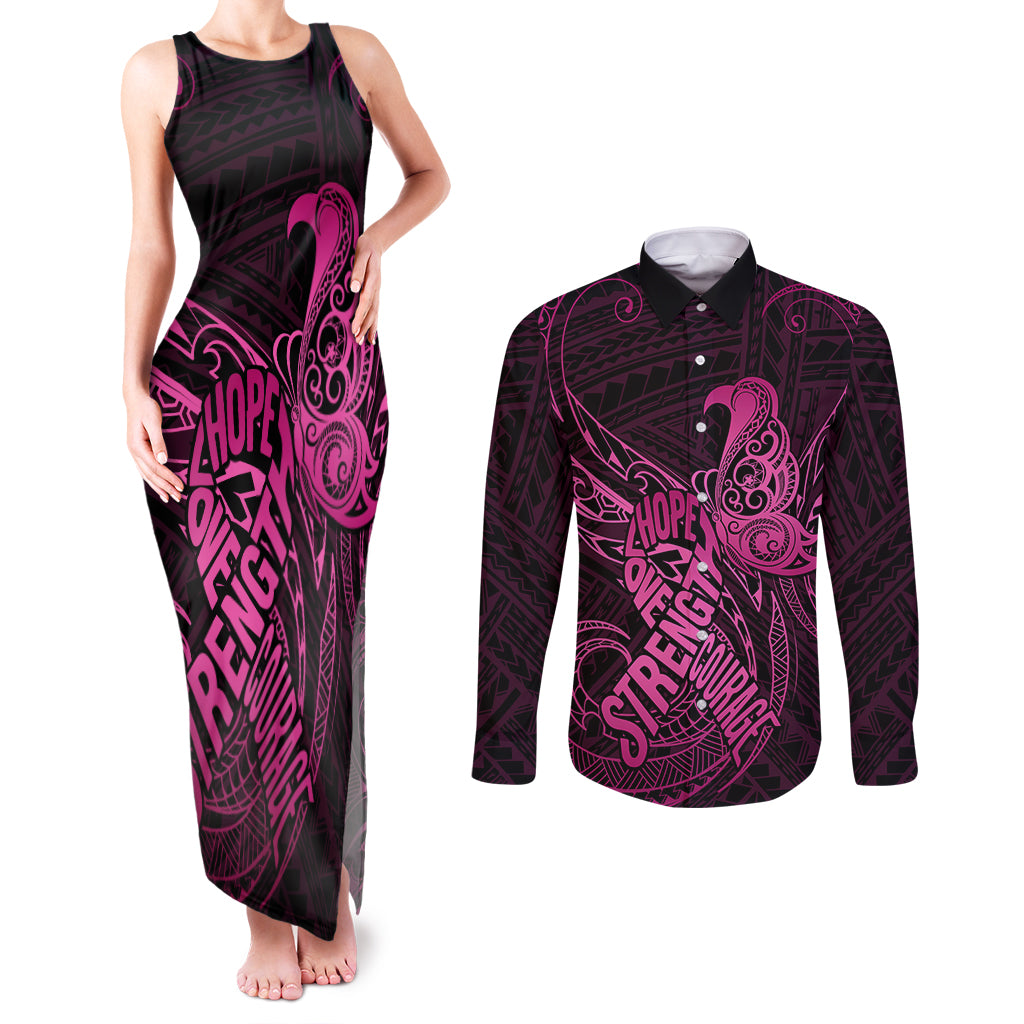 Polynesia Breast Cancer Awareness Couples Matching Tank Maxi Dress and Long Sleeve Button Shirts No One Fights Alone Pink Ribbon With Butterfly LT14 Pink - Polynesian Pride