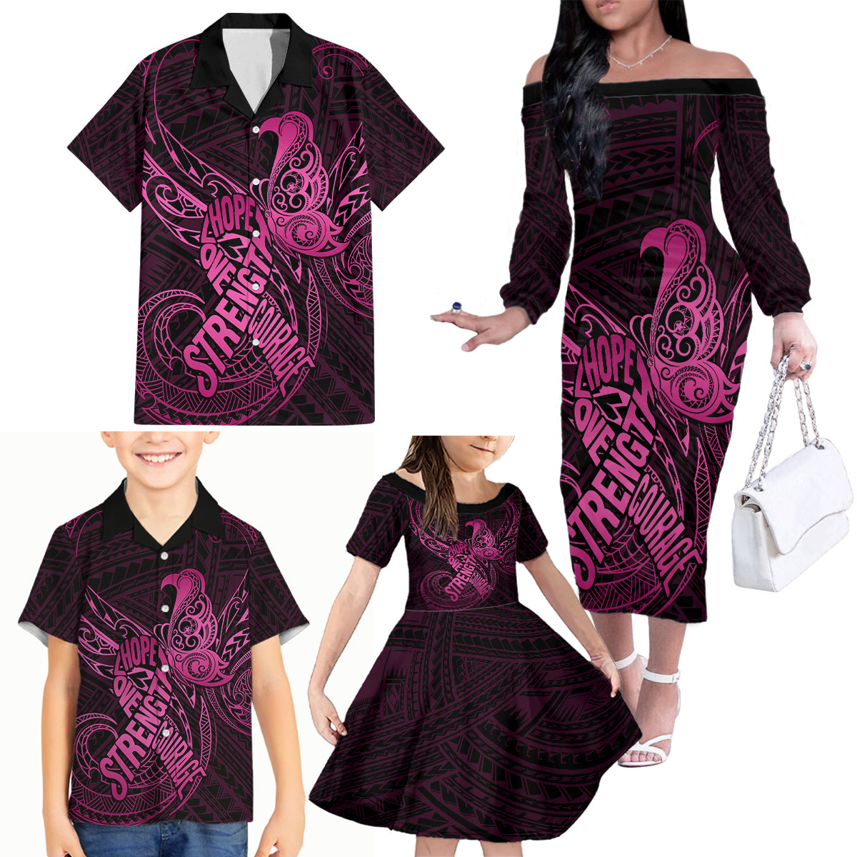 Polynesia Breast Cancer Awareness Family Matching Off Shoulder Long Sleeve Dress and Hawaiian Shirt No One Fights Alone Pink Ribbon With Butterfly LT14 - Polynesian Pride