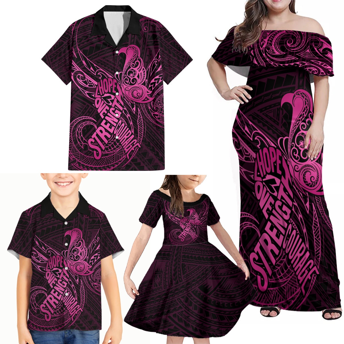 Polynesia Breast Cancer Awareness Family Matching Off Shoulder Maxi Dress and Hawaiian Shirt No One Fights Alone Pink Ribbon With Butterfly LT14 - Polynesian Pride