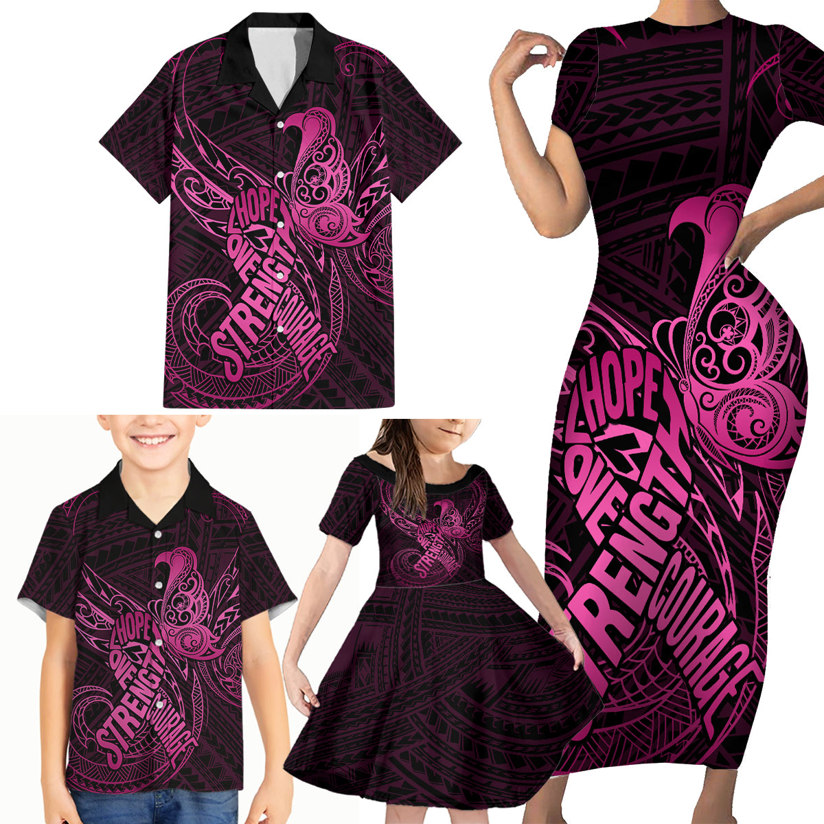 Polynesia Breast Cancer Awareness Family Matching Short Sleeve Bodycon Dress and Hawaiian Shirt No One Fights Alone Pink Ribbon With Butterfly LT14 - Polynesian Pride