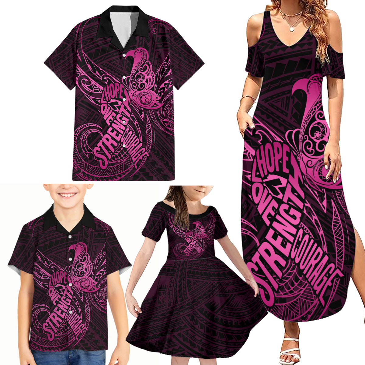 Polynesia Breast Cancer Awareness Family Matching Summer Maxi Dress and Hawaiian Shirt No One Fights Alone Pink Ribbon With Butterfly LT14 - Polynesian Pride