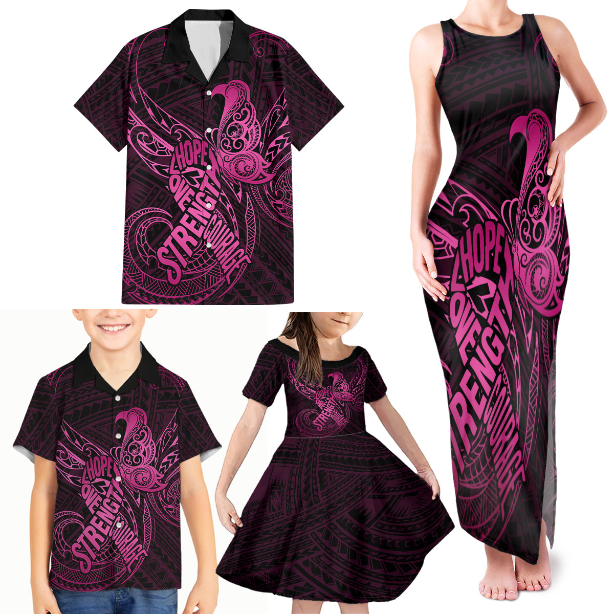 Polynesia Breast Cancer Awareness Family Matching Tank Maxi Dress and Hawaiian Shirt No One Fights Alone Pink Ribbon With Butterfly LT14 - Polynesian Pride