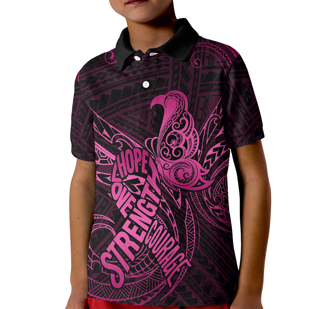 Polynesia Breast Cancer Awareness Kid Polo Shirt No One Fights Alone Pink Ribbon With Butterfly LT14 Kid Pink - Polynesian Pride