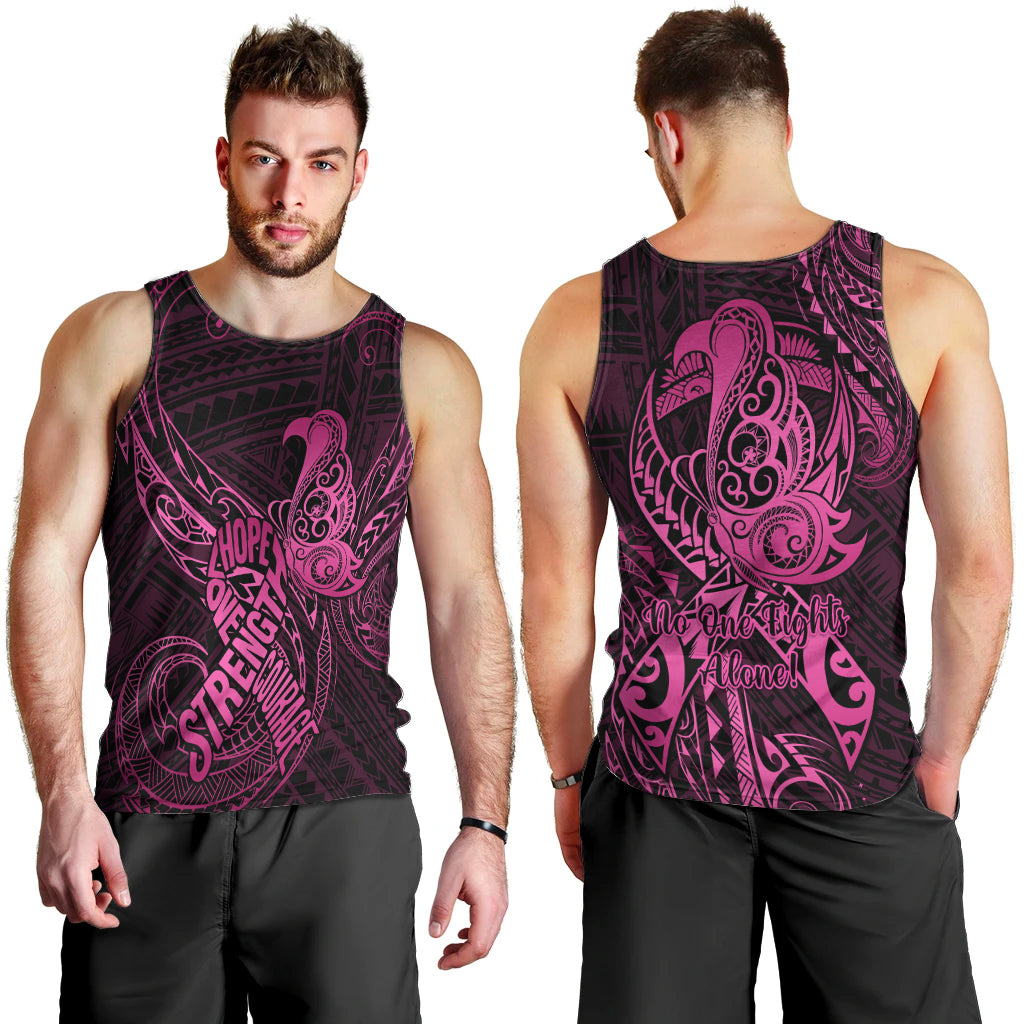 Polynesia Breast Cancer Awareness Men Tank Top No One Fights Alone Pink Ribbon With Butterfly LT14 - Polynesian Pride