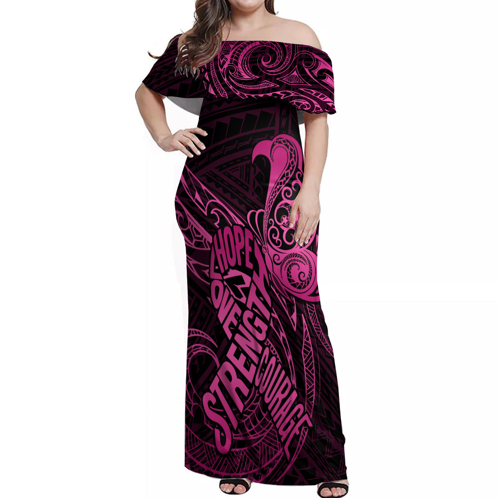 Polynesia Breast Cancer Awareness Off Shoulder Maxi Dress No One Fights Alone Pink Ribbon With Butterfly LT14 Women Pink - Polynesian Pride