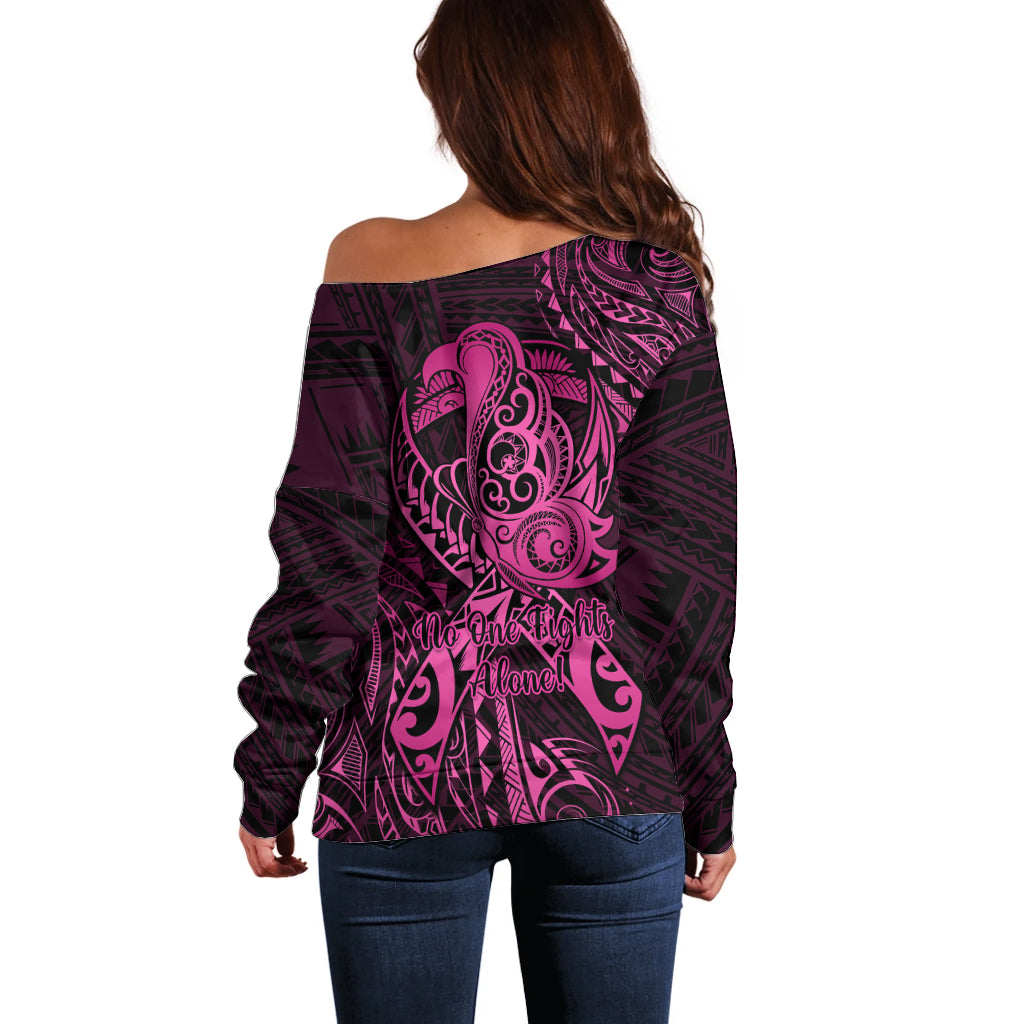 Polynesia Breast Cancer Awareness Off Shoulder Sweater No One Fights Alone Pink Ribbon With Butterfly LT14 - Polynesian Pride