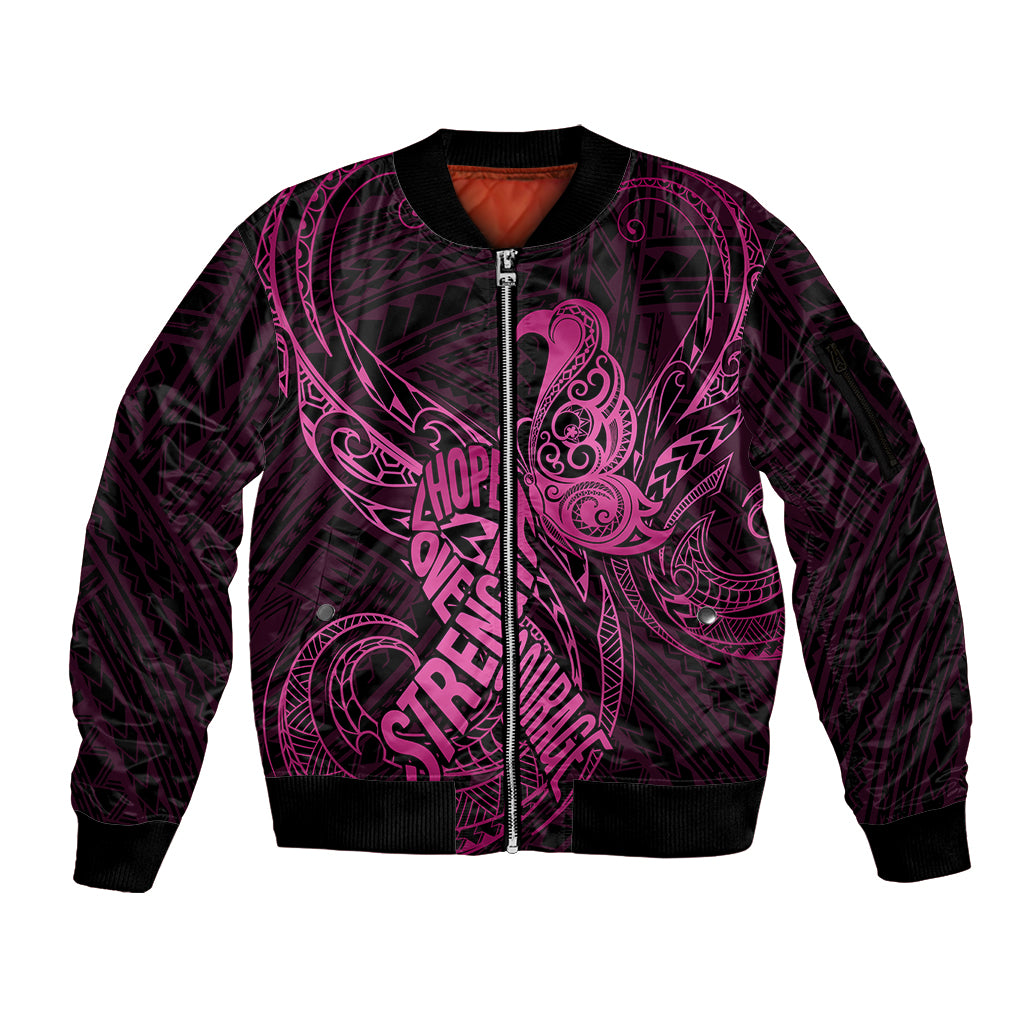 Polynesia Breast Cancer Awareness Sleeve Zip Bomber Jacket No One Fights Alone Pink Ribbon With Butterfly LT14 Unisex Pink - Polynesian Pride