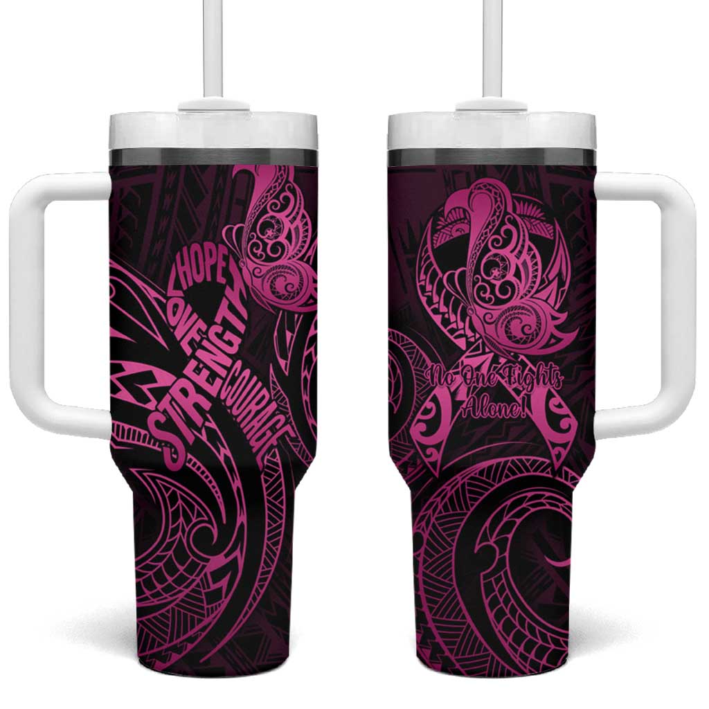 Polynesia Breast Cancer Awareness Tumbler With Handle No One Fights Alone Pink Ribbon With Butterfly LT14 One Size: 40 oz Pink - Polynesian Pride