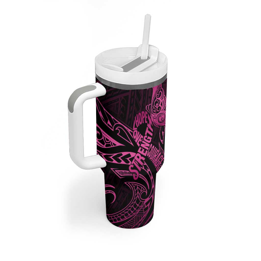 Polynesia Breast Cancer Awareness Tumbler With Handle No One Fights Alone Pink Ribbon With Butterfly LT14 - Polynesian Pride