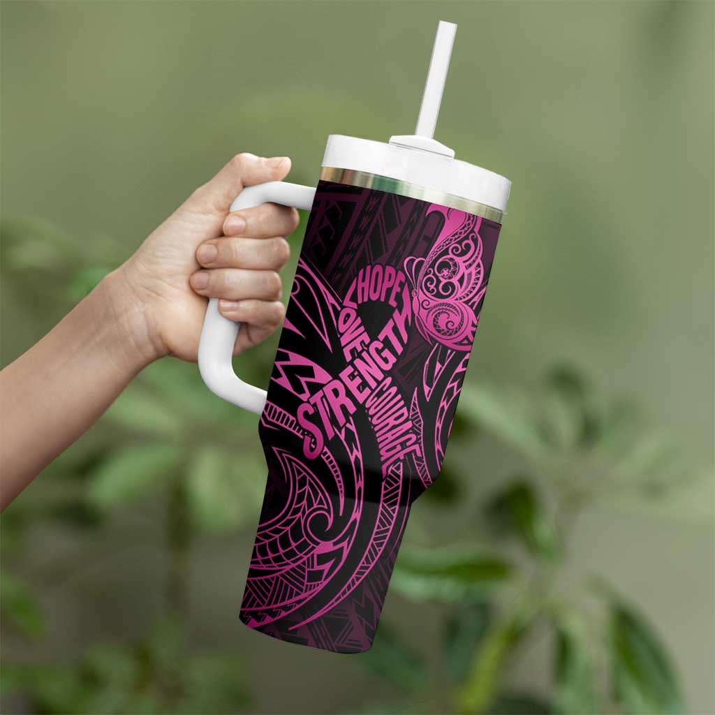 Polynesia Breast Cancer Awareness Tumbler With Handle No One Fights Alone Pink Ribbon With Butterfly LT14 - Polynesian Pride
