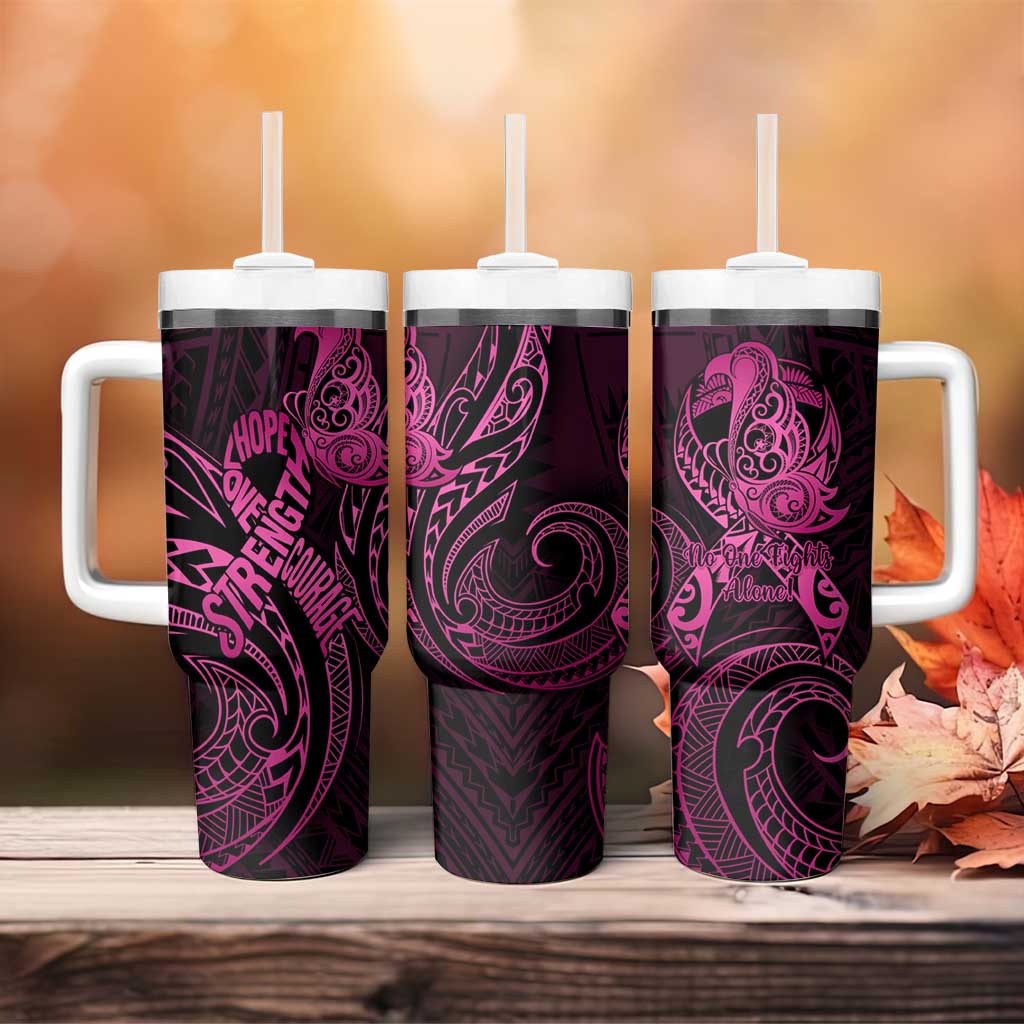 Polynesia Breast Cancer Awareness Tumbler With Handle No One Fights Alone Pink Ribbon With Butterfly LT14 - Polynesian Pride