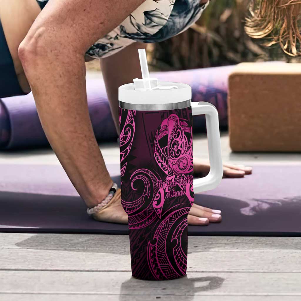 Polynesia Breast Cancer Awareness Tumbler With Handle No One Fights Alone Pink Ribbon With Butterfly LT14 - Polynesian Pride