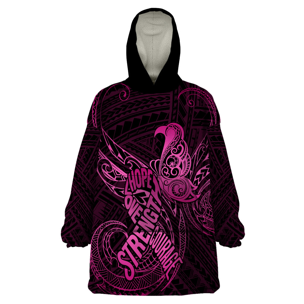 Polynesia Breast Cancer Awareness Wearable Blanket Hoodie No One Fights Alone Pink Ribbon With Butterfly LT14 One Size Pink - Polynesian Pride